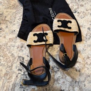 Celine Black Leather & Natural Raffia Slide Sandals
